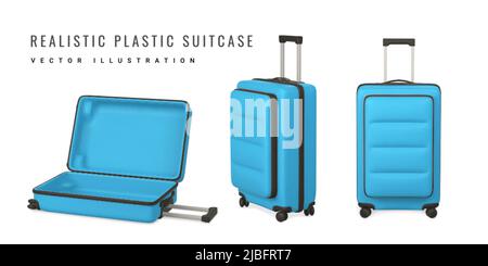Set mit 3D Reisetaschen. Realistischer Plastikkoffer. Tourismus-Symbol auf weißem Hintergrund isoliert. Vektorgrafik. Stock Vektor