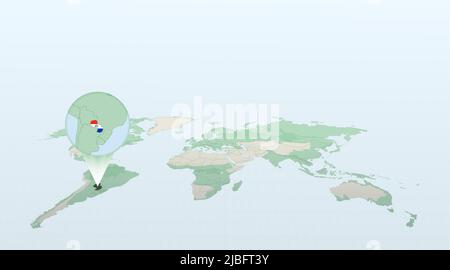 Weltkarte in Perspektive mit der Lage des Landes Paraguay mit detaillierter Karte mit der Flagge von Paraguay. Vektorgrafik. Stock Vektor