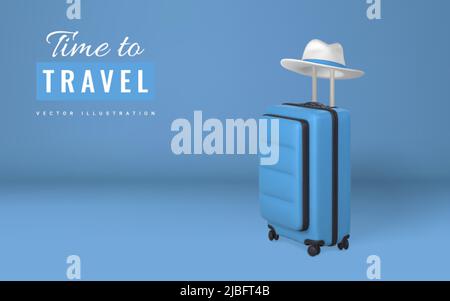 Time to travel Promo-Banner-Design. Sommer 3D Realistisches Rendern von Vektorobjekten. Reise-Trolley-Tasche mit Sommer-Herrenhut. Sommerurlaub. Vektorgrafik Stock Vektor