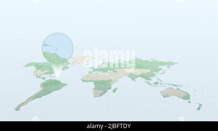 Weltkarte in Perspektive, die die Lage des Landes Barbados zeigt, mit detaillierter Karte mit Flagge von Barbados. Vektorgrafik. Stock Vektor