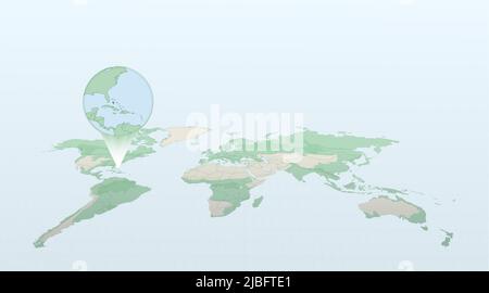 Weltkarte in Perspektive, die die Lage des Landes Bahamas zeigt, mit detaillierter Karte mit der Flagge der Bahamas. Vektorgrafik. Stock Vektor