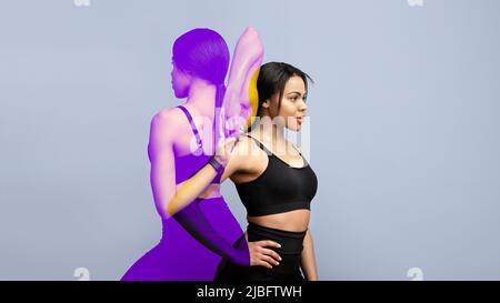 Athletische afroamerikanische Frau beim Yoga, Kopierraum, Collage Stockfoto