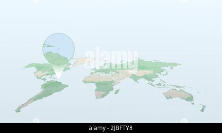 Weltkarte in perspektivischer Darstellung der Lage des Landes St. Lucia mit detaillierter Karte mit der Flagge von St. Lucia. Vektorgrafik. Stock Vektor