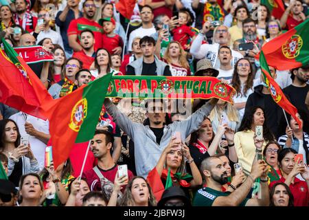 Lissabon, Portugal. 05.. Juni 2022. Portugal-Fans sahen Jubel während des UEFA Nations League-Spiels zwischen Portugal und der Schweiz im Alvalade-Stadion. Endstand; Portugal 4:0 Schweiz. Kredit: SOPA Images Limited/Alamy Live Nachrichten Stockfoto