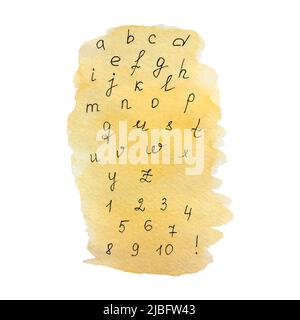 Alphabet Aquarell, Buchstaben und Zahlen auf einem Aquarellhintergrund, Kunst. Vektorgrafik Stock Vektor