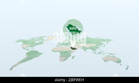 Weltkarte in Perspektive mit der Lage des Landes Saudi-Arabien mit detaillierter Karte mit der Flagge Saudi-Arabiens. Vektorgrafik. Stock Vektor