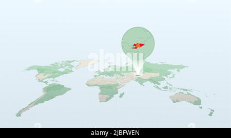 Weltkarte in Perspektive mit der Lage des Landes Kirgisistan mit detaillierter Karte mit der Flagge Kirgisistans. Vektorgrafik. Stock Vektor