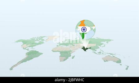 Weltkarte in perspektivischer Darstellung der Lage des Landes Indien mit detaillierter Karte mit Flagge Indiens. Vektorgrafik. Stock Vektor