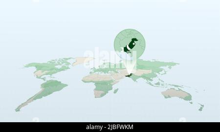 Weltkarte in Perspektive, die die Lage des Landes Pakistan zeigt, mit detaillierter Karte mit Flagge Pakistans. Vektorgrafik. Stock Vektor