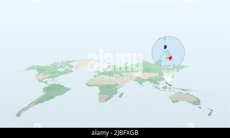 Weltkarte in Perspektive mit der Lage des Landes Philippinen mit detaillierter Karte mit der Flagge der Philippinen. Vektorgrafik. Stock Vektor