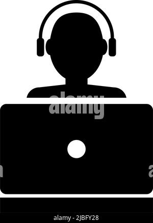 Blogger in Kopfhörer mit Laptop, Gamer Hacker. Abbildung des Symbols für flache Vektorgrafik. Einfaches schwarzes Symbol auf weißem Hintergrund. Blogger Developer und Laptop Stock Vektor