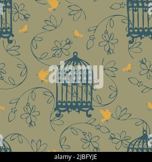 Nahtloses Vektormuster mit gelben Vögeln und Vogelkäfigen auf grauem Hintergrund. Romantisches Tapetendesign mit Vintage-Garten. Viktorianische Mode Textil. Stock Vektor