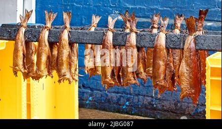 ARBROATH ANGUS SCOTLAND G & A SPINK SMOKIES FISCHEREIREIHEN VON GOLDEN SCHELLFISCH SMOKIES FRISCH AUS DEM RAUCHERZIMMER Stockfoto