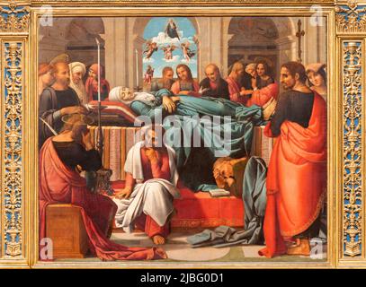 VALENCIA, SPANIEN - 14. FEBRUAR 2022: Das Gemälde auf dem Hauptaltar der Jungfrau Maria in der Kathedrale - Basilika der Himmelfahrt unserer Lieben Frau Stockfoto