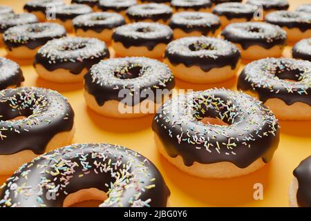 Schokoladen-Donuts auf leuchtendem orangefarbenem Hintergrund, Nahaufnahme, 3D gerendertes Muster. Hintergrund für Lebensmittel, Darstellung von Donuts mit geringer Schärfentiefe Stockfoto