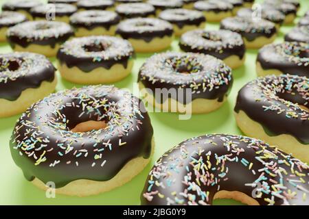Schokoladendonuts auf hellgrünem Hintergrund, Nahaufnahme, 3D gerendertes Muster. Hintergrund für Lebensmittel, Darstellung von Donuts mit geringer Schärfentiefe Stockfoto