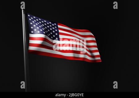 Amerikanische Flagge auf einem Fahnenmast im Wind, 3D gerenderte Illustration. Die Flagge der USA im dunklen Hintergrund Stockfoto