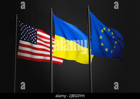 Flaggen der Europäischen Union, der Ukraine und der USA im Wind, 3D abgebildet. Flaggen der Partner, Allianz in dunklem, unauffälliger Hintergrund Stockfoto