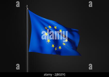 Flagge der Europäischen Union auf einem Fahnenmast im Wind, 3D gerenderte Illustration. Die Flagge der EU im dunklen Hintergrund Stockfoto