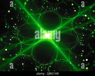 Grün glühender futuristischer Quantenprozessor, computergenerierter abstrakter Hintergrund, 3D Rendering Stockfoto