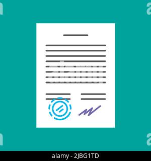 Vertrag über Geschäftsdokumente in Papierform mit Siegel und Unterschrift. Arbeitsvertrag, Erbschaft, Testament. Flache Vektorgrafik isoliert Stock Vektor