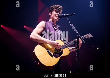 SPANIEN, BARCELONA, 2019. März 26.: Der kanadische Sänger und Komponist Shawn Peter Raul Mendes, besser bekannt als Shawn Mendes, tritt live auf der Bühne des Palau Sant Jordi für die spanische Etappe „Shawn Mendes: The Tour“ auf Stockfoto