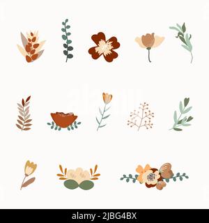 Sammlung von Boho- oder Vintage-Pflanzen und Blumen. Handzeichnen von Vektor-Designelementen. Vorlage für Scrapbooking, Aufkleber, Planer, Einladungen. Herbstblumen in warmen Herbsttönen. Rose, Ranunculus. Stock Vektor