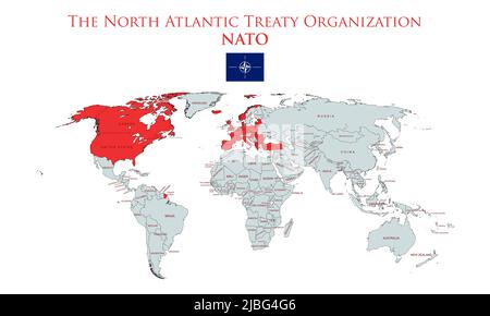 NATO-Länder (North Atlantic Treaty Organization) in roter Farbe auf der Weltkarte dargestellt Stockfoto