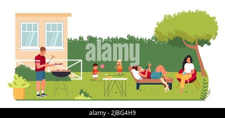 Glückliche Familie oder Freunde mit Kindern verbringen Zeit im Hinterhof bei Grillparty oder Picknick. Mutter, Vater und Kinder, die im Garten Freizeitaktivitäten durchführen. Flache Cartoon-Vektor-Illustration. Stock Vektor