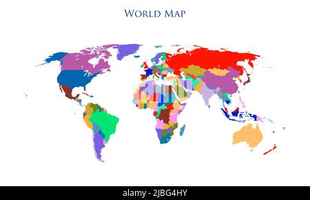 Farbenfrohe, detaillierte Weltkarte mit Darstellung aller Länder Stockfoto