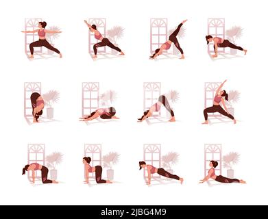 Set von schlanken athletischen jungen Frau tun Yoga, Fitness. Vektor-Illustration für gesunden Lebensstil. Sammlung von weiblichen Zeichentrickfiguren, die verschiedene Yoga-Positionen auf weißem Hintergrund isoliert demonstrieren. Stock Vektor