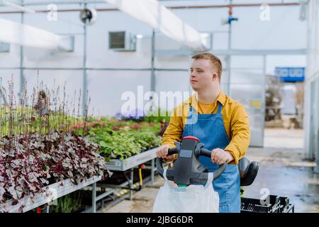 Junge Angestellte mit Down-Syndrom, die im Gartencenter mit einem Handhubwagen arbeitet. Stockfoto