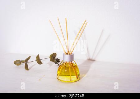 Glasflasche mit Duftdiffusor und Eukalyptuszweig auf weißem Holztisch. Nahaufnahme. Stockfoto
