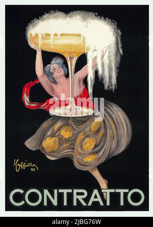 Ein Werbeplakat aus dem 20.. Jahrhundert von Leonetto Cappiello (1875-1942), das eine Frau zeigt, die ein sprudelndes Glas Champenoise in der Hand hält, den allerersten italienischen Jahrgang eines Weinguts in Canelli. Zu einer Zeit wurde der Wein an den Vatikan, das Haus Savoyen (die italienische Königsfamilie) sowie an die britische Monarchie geliefert. Stockfoto