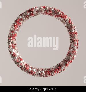 Abstrakter Ringtorus aus glänzendem Glas und Kunststoffkugeln, rote Farbe 3D Render Stockfoto