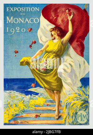 Ein Werbeplakat aus dem 20.. Jahrhundert von Leonetto Cappiello (1875-1942) für die Ausstellung in Monaco von 1920, Wir werden mit einer allegorischen Figur präsentiert, die die Fülle der Riviera verkörpert.die Ausstellung würdigt die Freundschaft zwischen Prinz Albert I. und König Dom Carlos von Portugal und zeigt die Reisen und Expeditionen von Prinz Albert I. in Portugal (Madeira, Azoren und Lissabon). Stockfoto