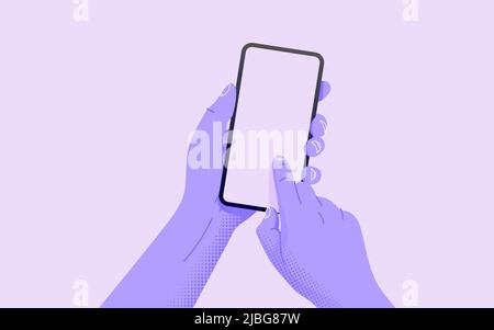 Telefon in zwei Händen halten. Leerer Bildschirm, Handymockup. Editierbare Smartphone-Vorlage auf isoliertem Hintergrund. Vektorgrafik Stock Vektor