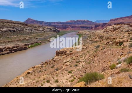 Der Colorado River schlängelt sich an einem sehr heißen, sonnigen Tag durch die Wüste von Utah. Rote Felsen und Sand in einem trockenen Land. River Canyon in der Wüste. Geologie der Amerikaner Stockfoto