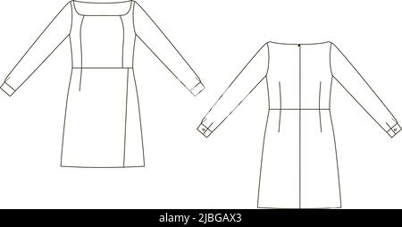 Technische Skizze des taillierten Kleides mit Hemdärmeln Stock Vektor