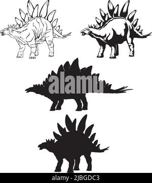 stegosaurus, Dinosaurier realistisches Bild, Vektor, Positionen, Illustration, Schwarz-Weiß, Silhouette, Logo, Markenzeichen, Chevron für Dekoration und Design Stock Vektor