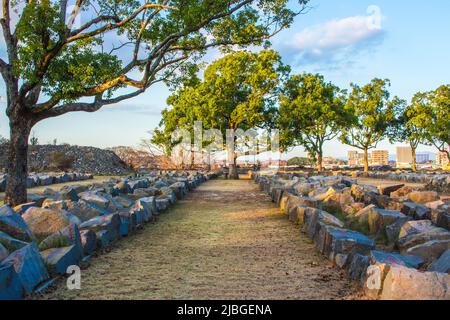 Kumamoto, Japan - 6. Januar 2018: Garten im Schloss Kumamoto. Die Steine werden früher für Ishigaki (Steinmauer) in der Burg vor dem Erdbeben in Kumamoto verwendet Stockfoto