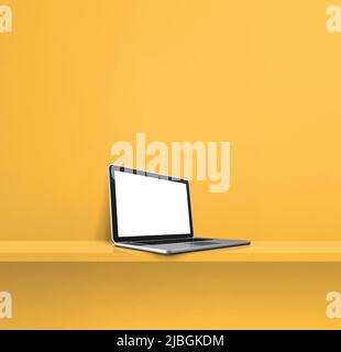 Laptop-Computer auf gelbem Regal. Quadratischer Hintergrund. 3D Abbildung Stockfoto