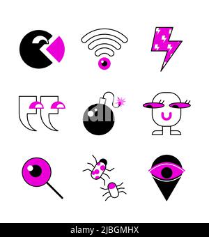 Safe Internet - farbenfrohes, flaches Design mit Symbolen und linearen Elementen. Eine violett gefärbte Komposition mit Wifi, Zitaten, Bugs, Location Tag, magnifie Stock Vektor
