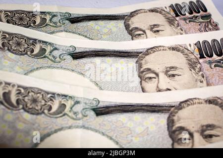 Nahaufnahme der japanischen 10000-Yen-Banknoten auf dem Tisch. Das Bild konzentriert sich auf Yukichi Fukuzawa und seine Augen auf Notizen. Stockfoto