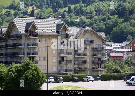 Résidence Le Grand Panorama. Saint-Gervais-les-Bains. Haute-Savoie. Auvergne-Rhône-Alpes. Frankreich. Stockfoto