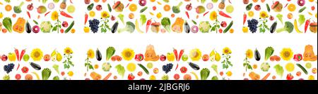 Große nahtlose Muster frisches gesundes Obst, Gemüse, Beeren auf weißem Hintergrund isoliert. Stockfoto