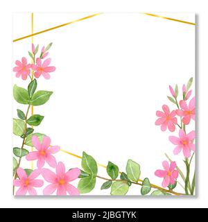 Aquarell Rahmen mit Blumen. Rosa Felder Zweige von Blumen. Zartes Design. Leere Vorlage für Einladung, Hochzeit, Postkarte, Banner. Quadratischer Rahmen Stockfoto