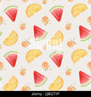 Aquarell Wassermelone, Zitrone und Orange nahtlose Muster. Früchte in Keile geschnitten. Design für Verpackungen, Textilien, Schreibwaren. Tropische Früchte. Stockfoto