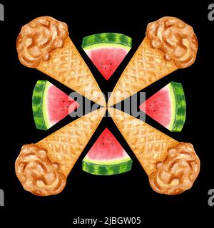 Aquarell-Eis auf schwarzem Hintergrund. Zusammensetzung mit Waffeleis-Konus. Creme Brulee Eis mit Wassermelonenscheiben. Sommerdessert. Stockfoto