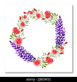 Blumenkranz. Aquarell-Kranz mit Rosenblüten, Lavendelblüten. Schöne Einladung, Grußkarte isoliert auf weiß. Stockfoto